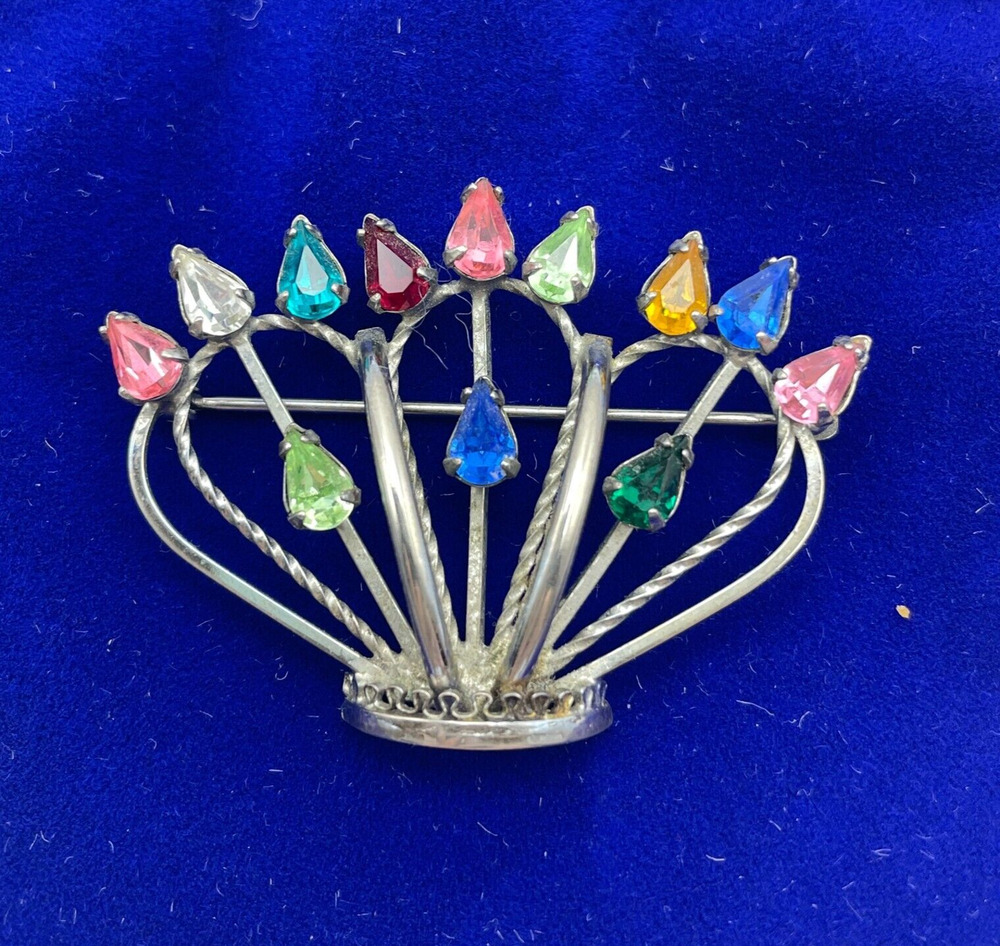 Sterling Silver Crown Pin Colorful Swarovski Crystals 1950s Brooch Ekelund Bro